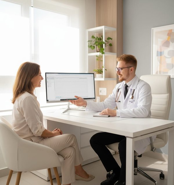 Dr. Cristian Weber realizando atendimento médico hematológico no consultório