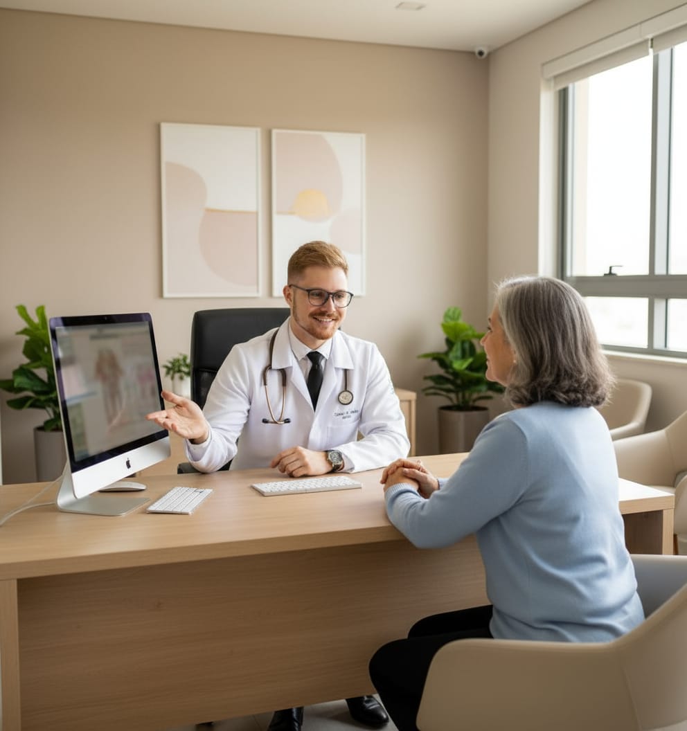 Dr. Cristian Weber explicando resultados de exames hematológicos para paciente - Hematologia Clínica e Transplante de Medula Óssea